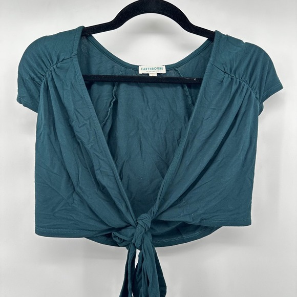 Earthbound Trading Co Tie Front Top, Women's Crop Top, Teal Green, Size S - Picture 1 of 7
